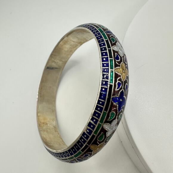 Antique 999 fine silver multicolor cloisonné guilloche enamel bangle bracelet - Picture 7 of 10